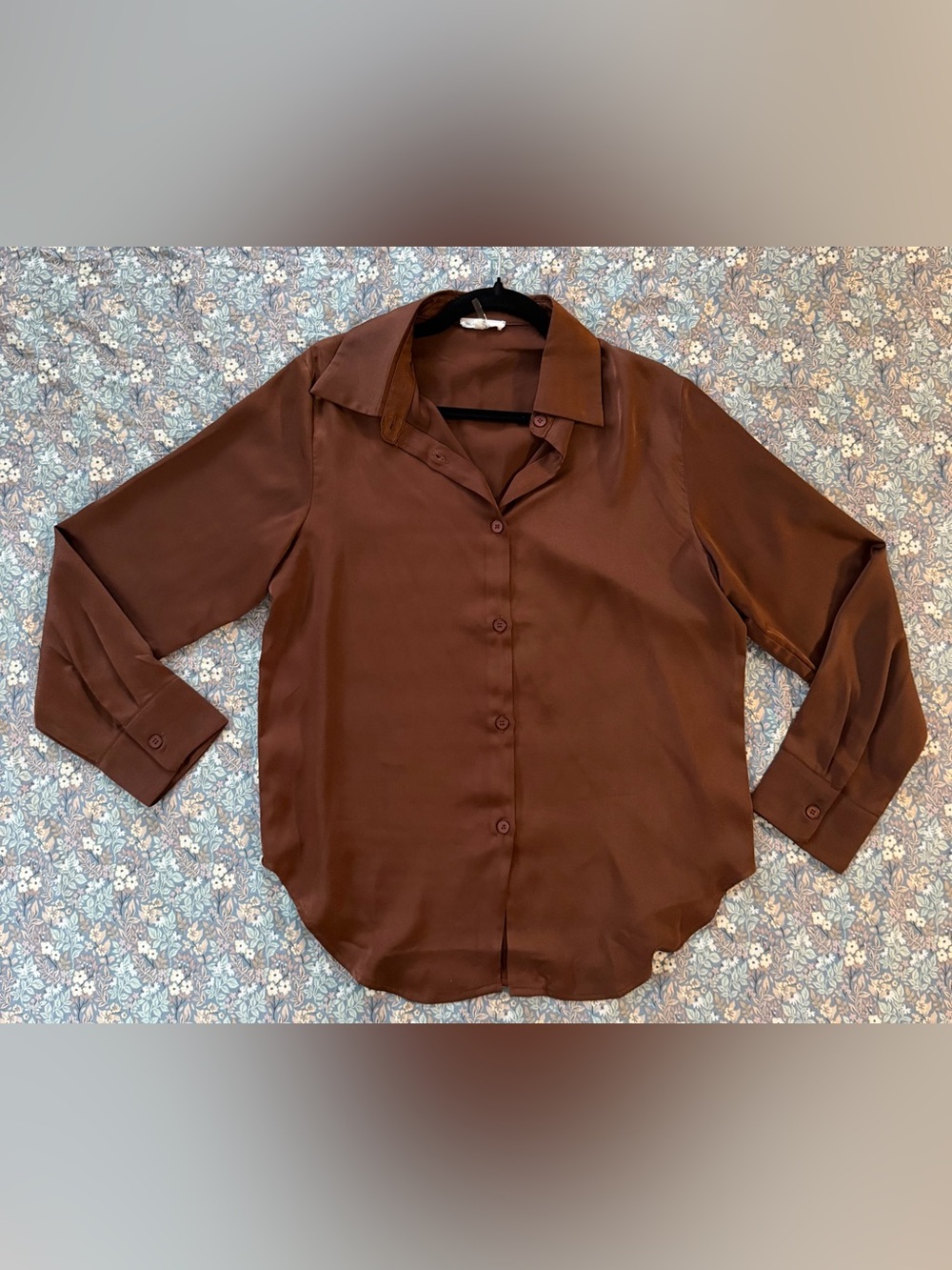Mimosa Brown Satin Button-Down Women's Long Sleeve Shirt